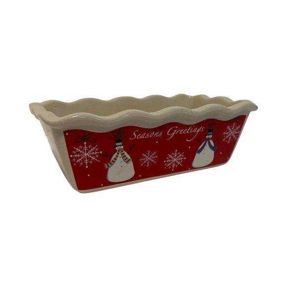 Ceramic Holiday Loaf Pan Snowman & Snowflake Design Seasons Greetings Red - Picture 3 of 7